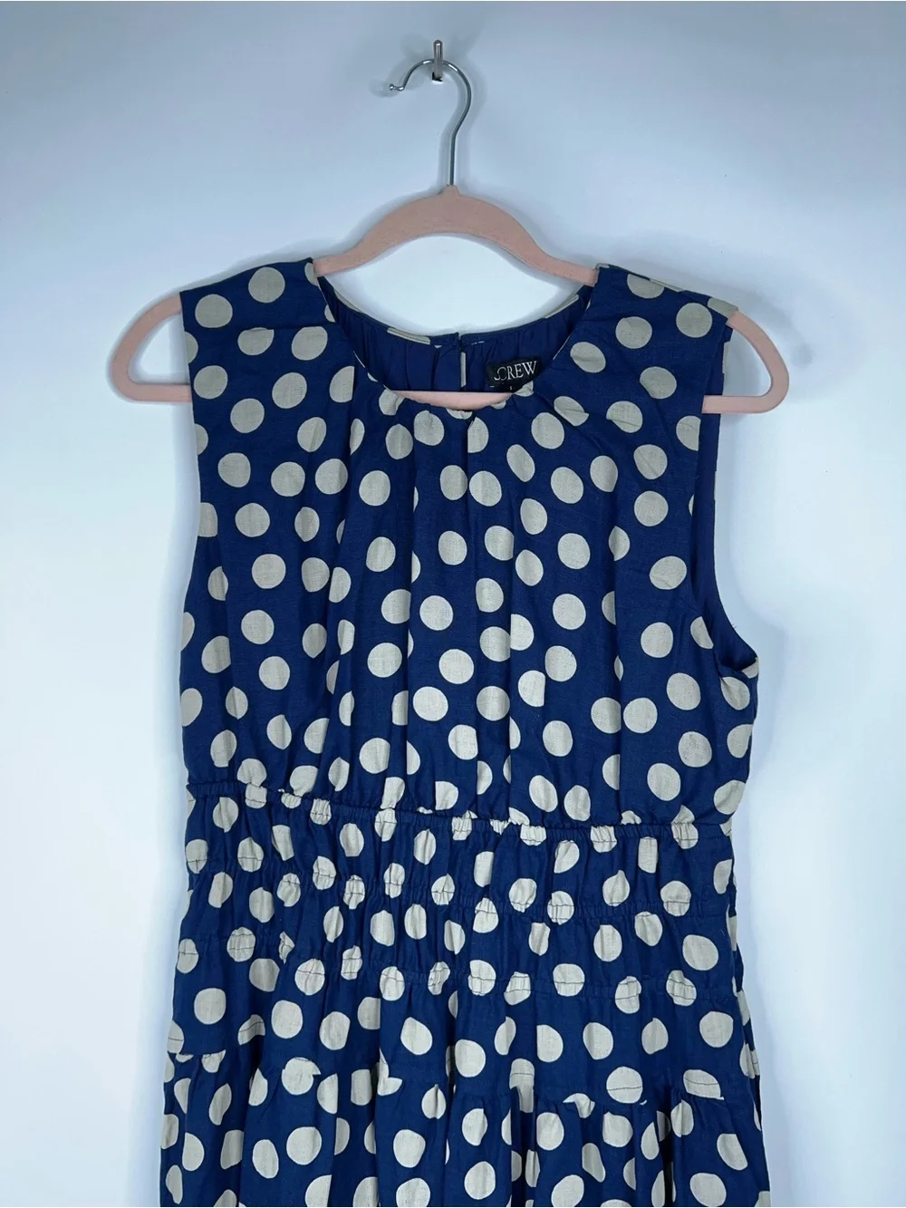 J Crew Navy Polka Dot Sleeveless Midi Dress Smocked Waist Linen New Size Small